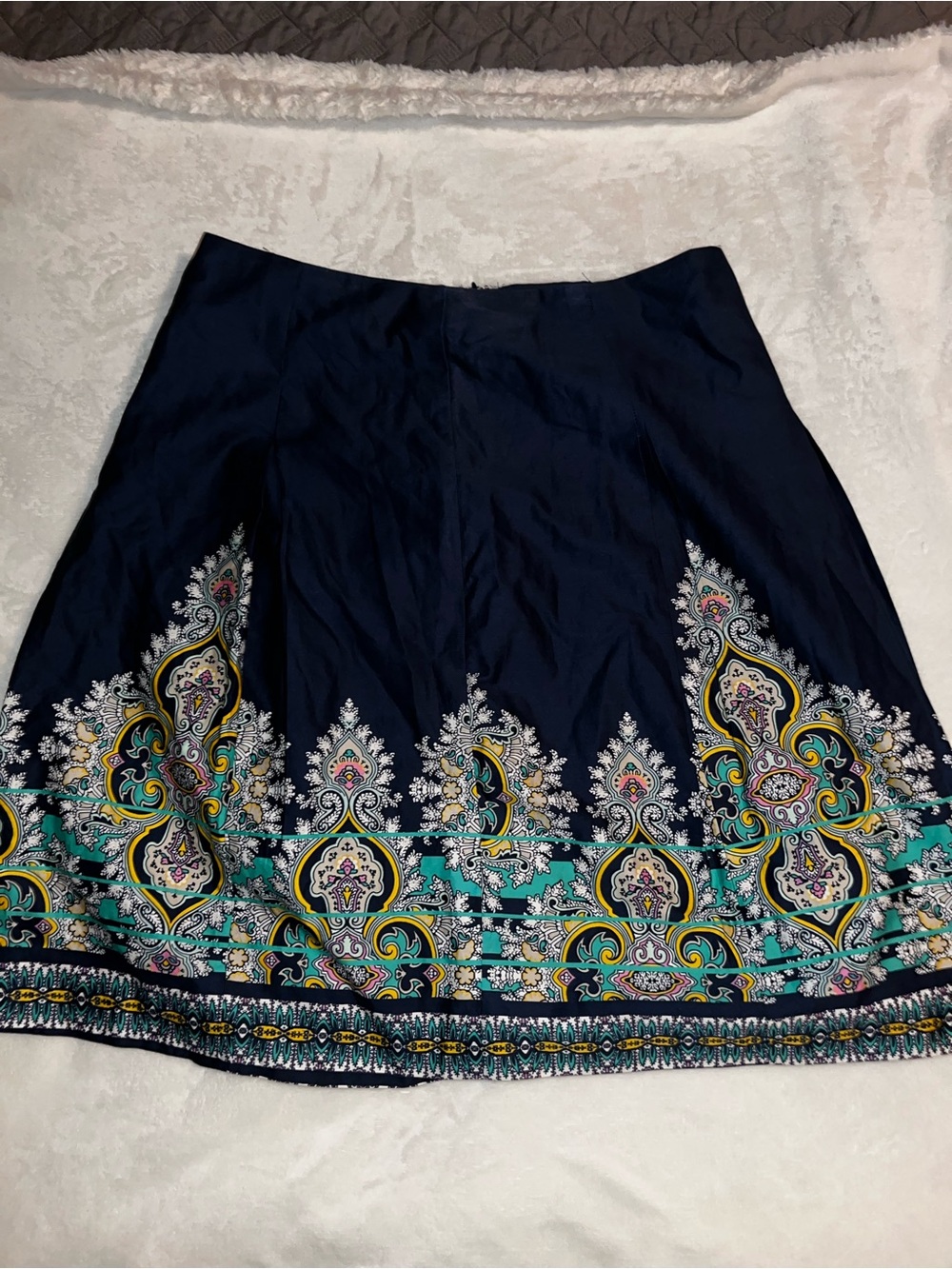 Charter Club Navy A-Line Skirt with Turquoise Paisley Border